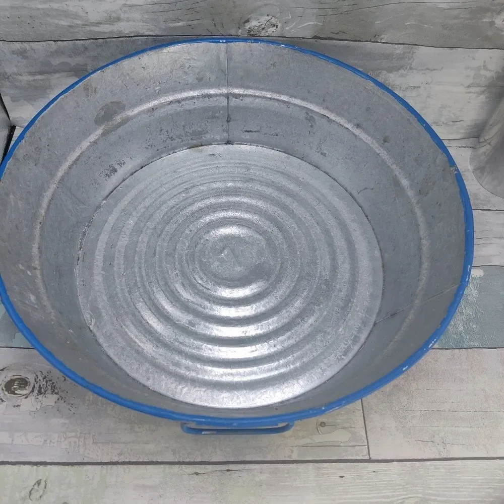 VINTAGE HAND Painted Galvanized Metal Tub Colorful Fruits on Blue